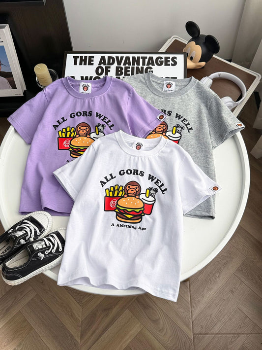 Children's Summer Solid Color Cartoon Printing Sports Casual Fashion Fashionable Children's T-shirt