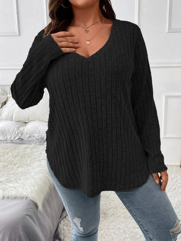 Women's Solid Color Clothes Long Sleeve Sunken Stripe Brushed Loose Tops