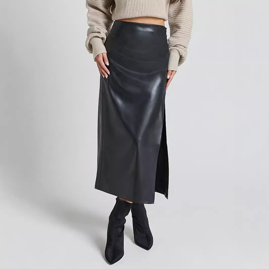 Women's Split Leather High Waist Zipper Sheath Dress Skirts