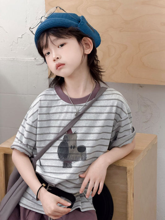 Boy's Summer Short-sleeved Striped Cartoon Top Children's T-shirt