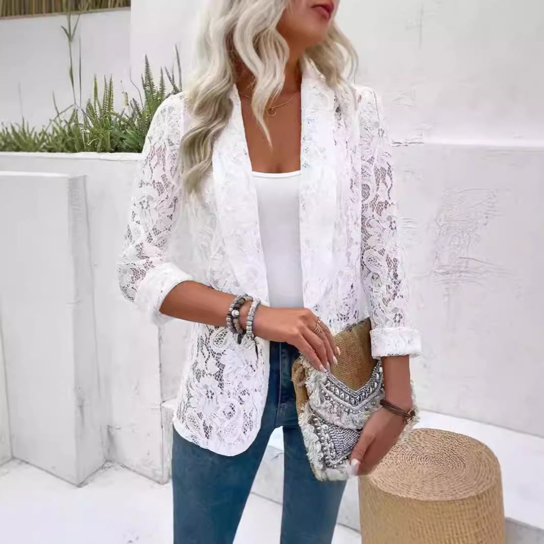 Women's Western Style Solid Color Casual Outerwear Lace Shirt, Chiffon Shirt
