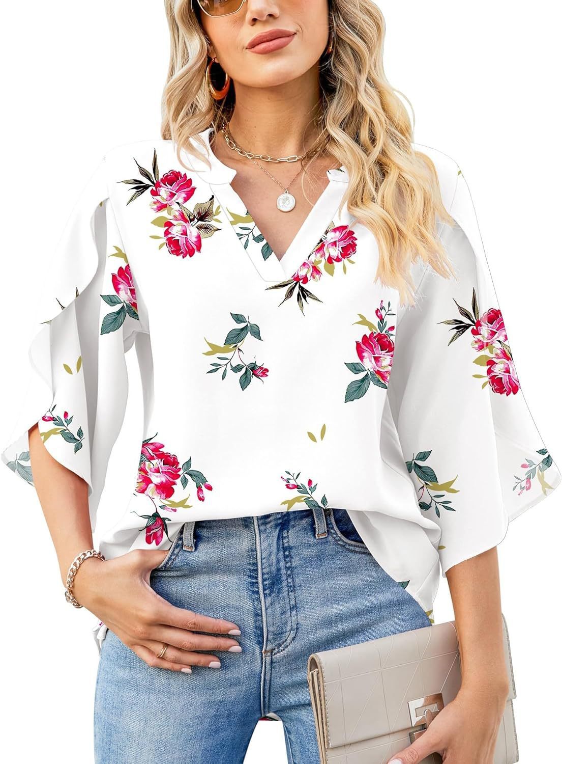 Glamorous Women's Printed Loose Petal Sleeve Lace Shirt, Chiffon Shirt