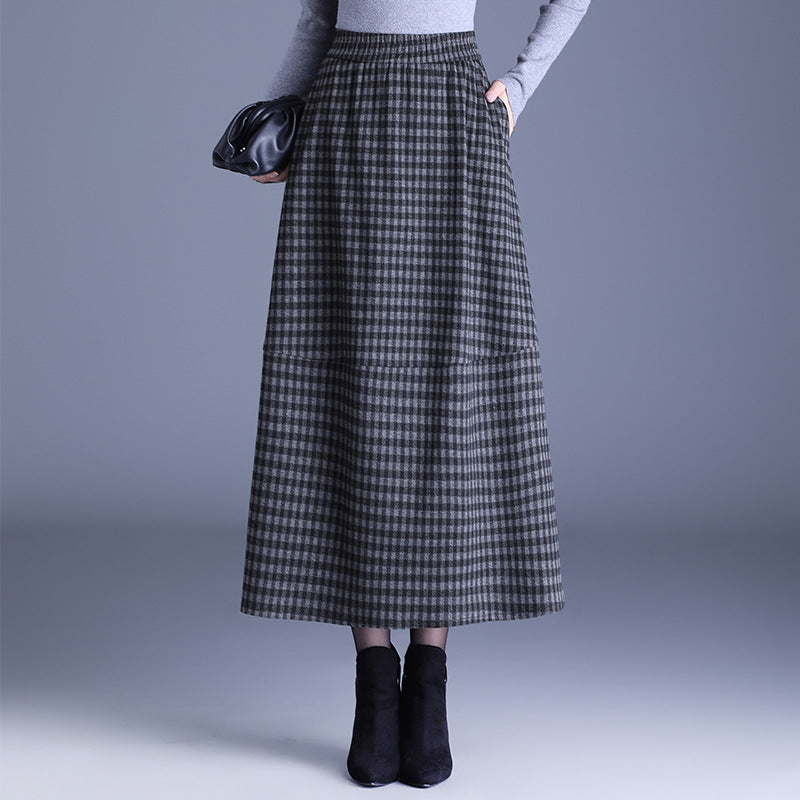 Plaid Mid-length Fashion Casual Elastic Waist Skirt