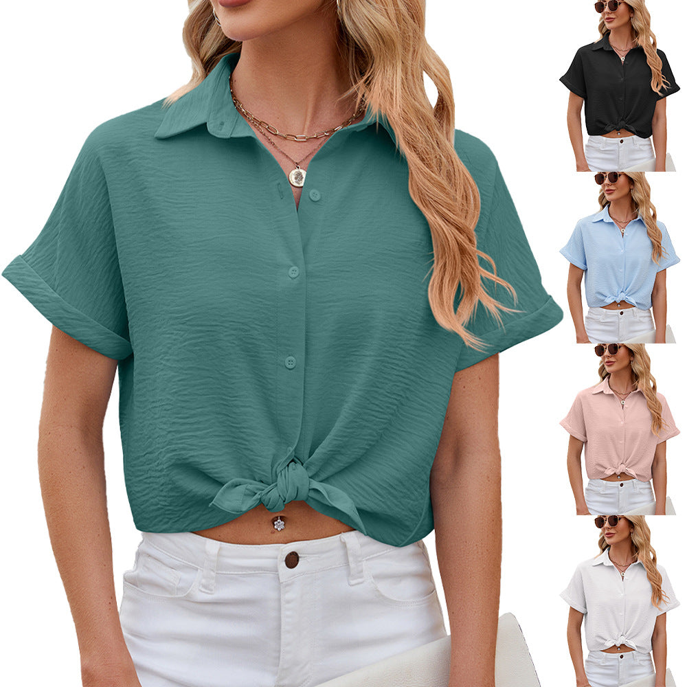 Solid Color Polo Collar Short-sleeved Button Lace Shirt, Chiffon Shirt