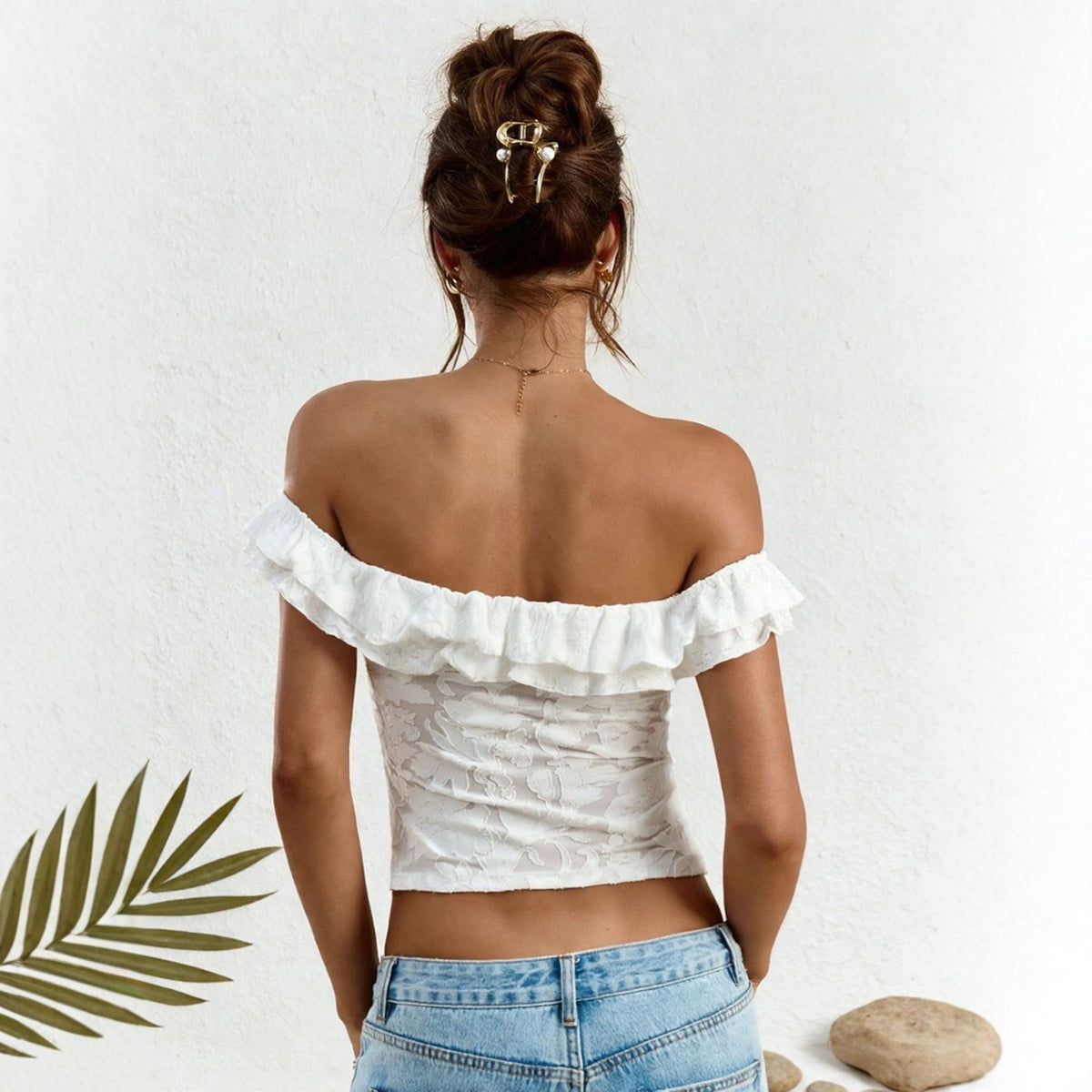 Women's White Lace Backless Ruffled Twisted Summer Women's T-shirt