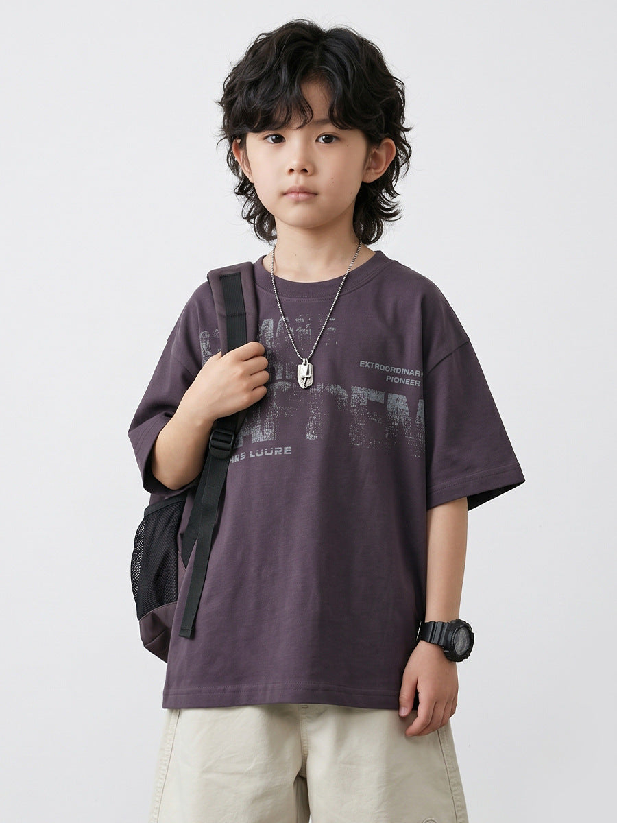 Children's Short Sleeve Medium Big Distressed Printed Half Top Loose Shoulder Children's T-shirt