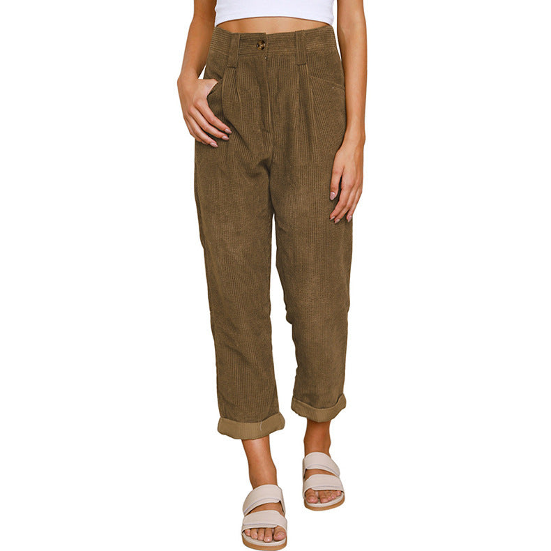 Women's Autumn High Waist Solid Color Corduroy Loose Pants
