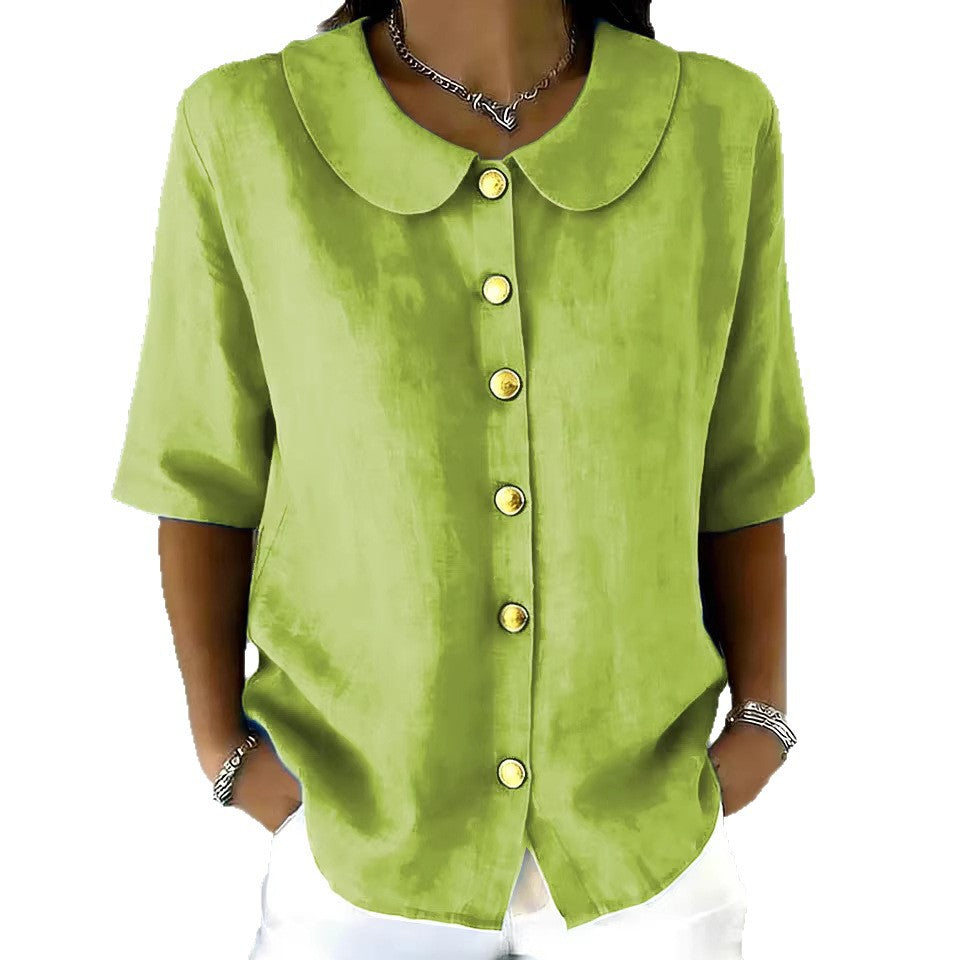Women's Summer Elegant Fashion Button Linen Short-sleeved Blouse