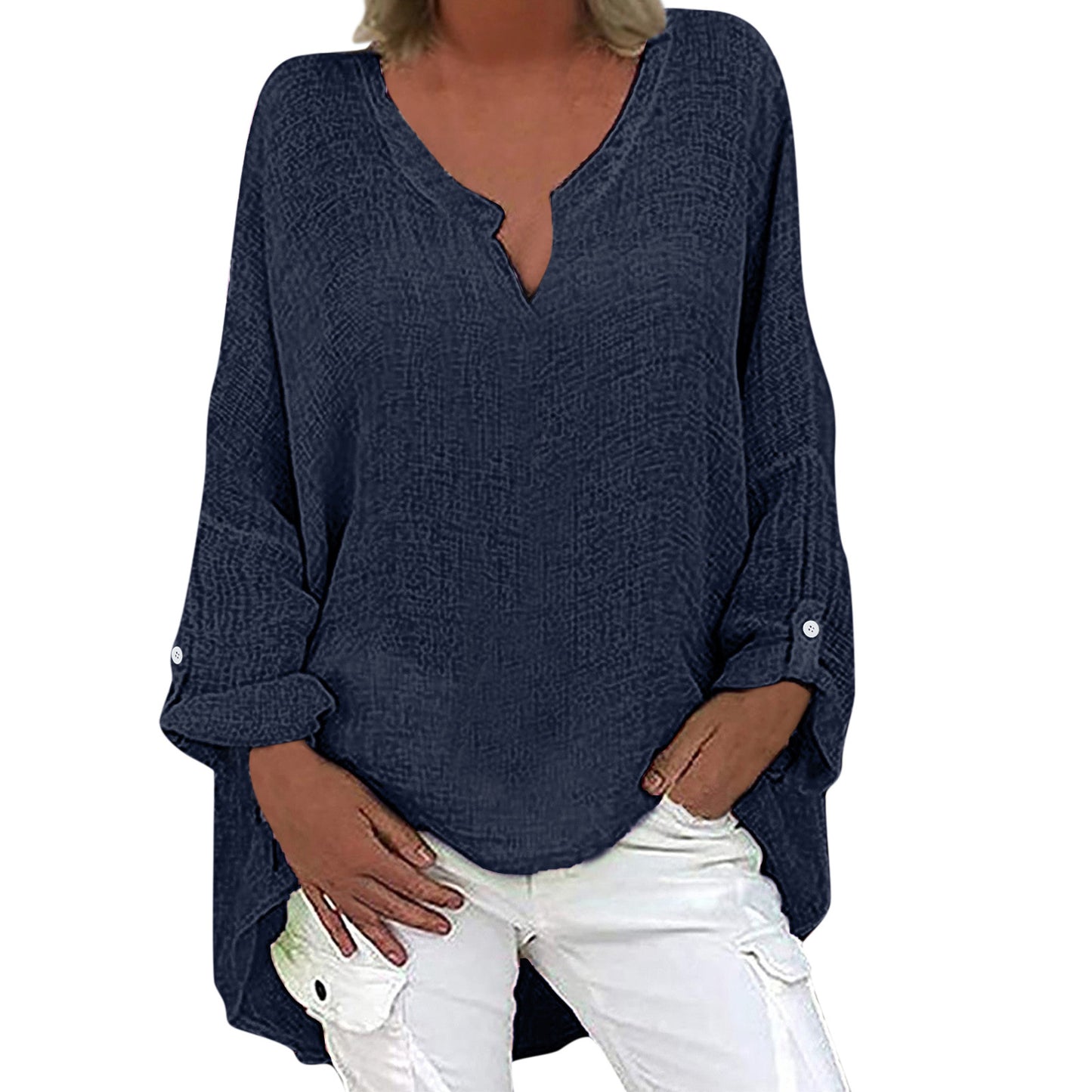 Women's Cotton Linen Long Sleeve Retractable Button Blouse