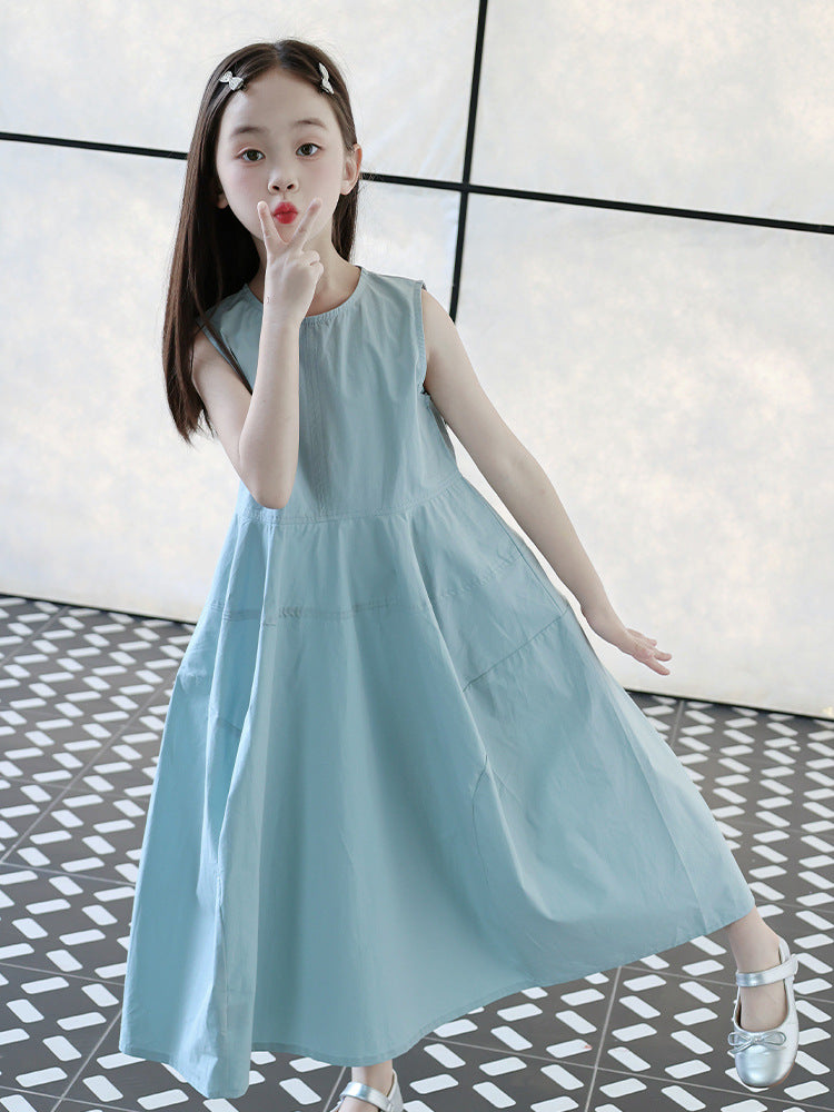 Children's Cotton High-grade Summer French Vest Skirt Blue Temperament Long Children's Dress