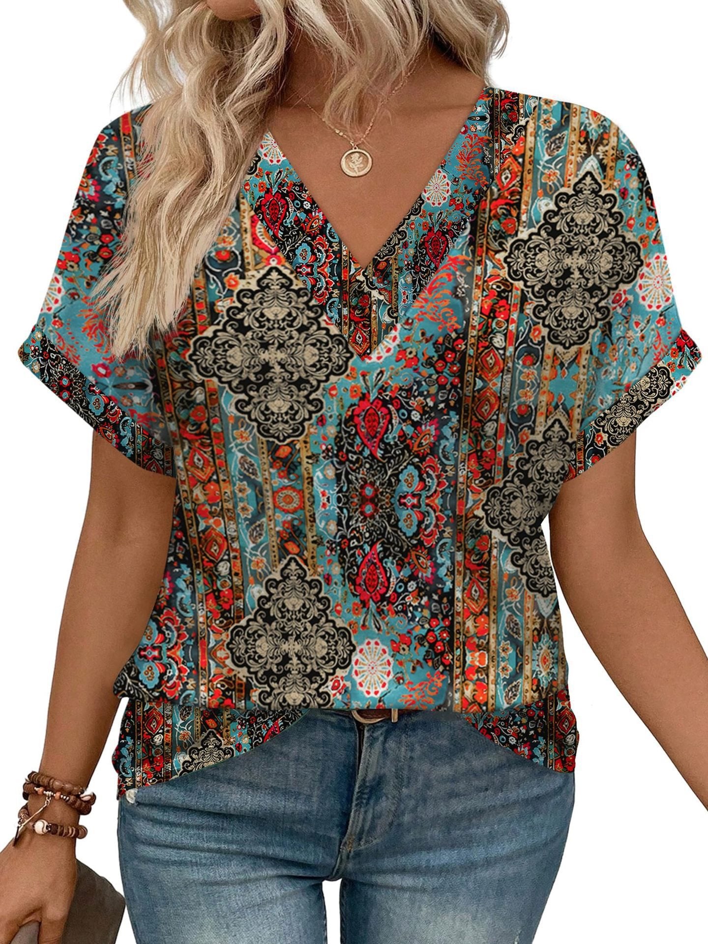 Women's Casual Round Neck Striped Short-sleeved Overseas Tops