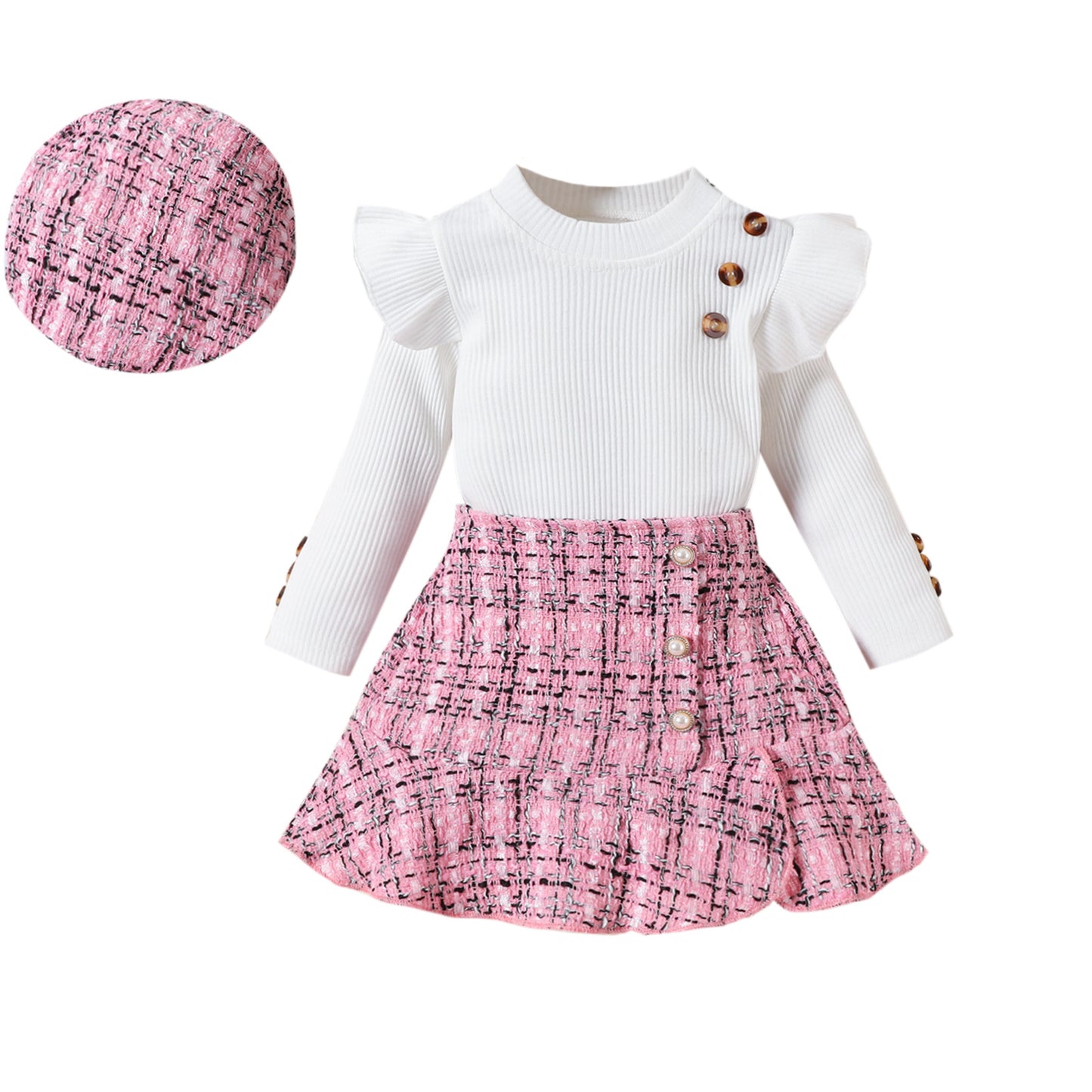 Children's Clothing Style Long-sleeved Top Classic Woven Chunky Skirt Beret Children's Suit