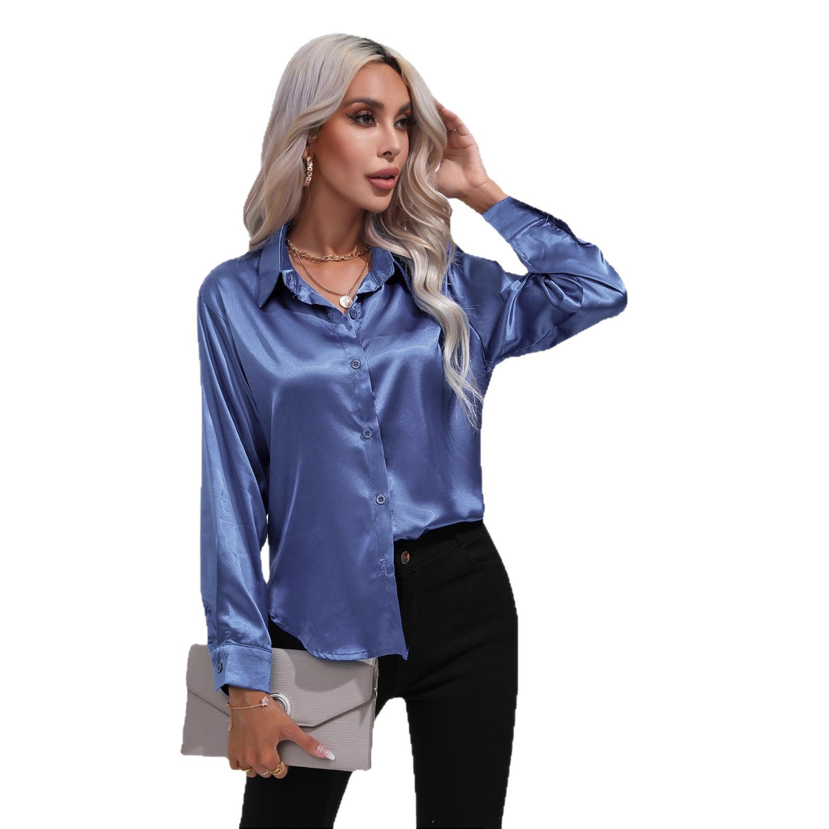 Glamorous Unique Women's Satin Shirt Long-sleeved Blouse