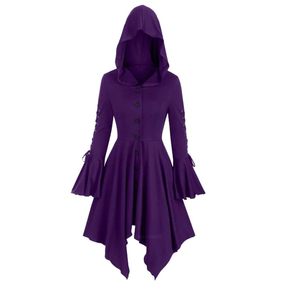 Women's Gothic Hooded Cape Irregular Hem Lotus Skirt