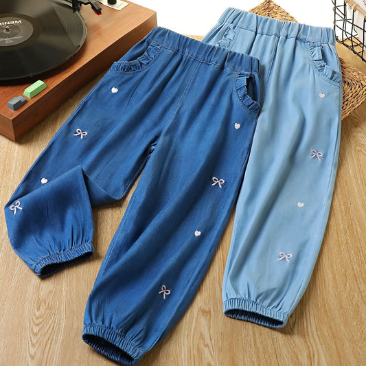 Children's Autumn Silk Denim Wooden Ear Pocket Cute Children's Pants