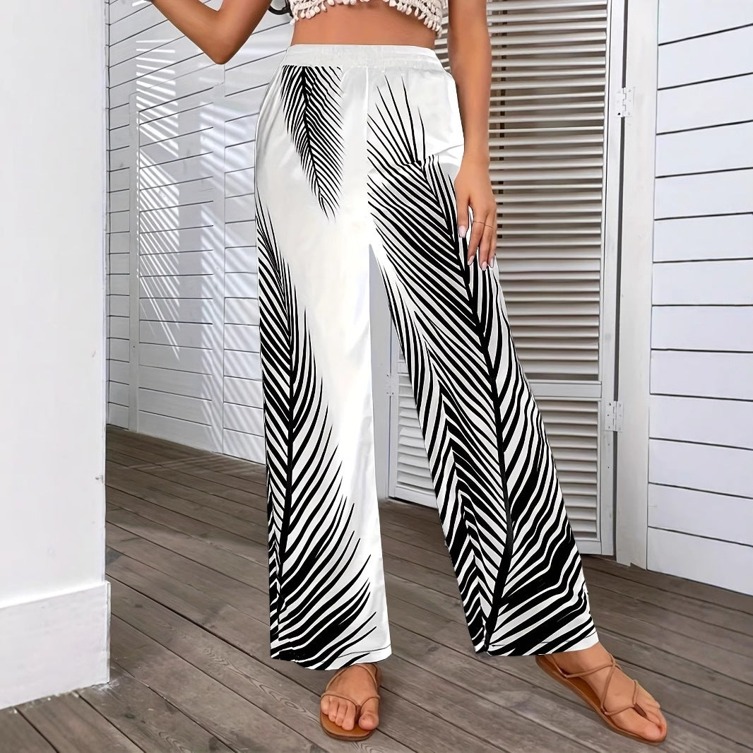 Women's Fashionable Elegant Striped Leaf Positioning Printed Casual Pants
