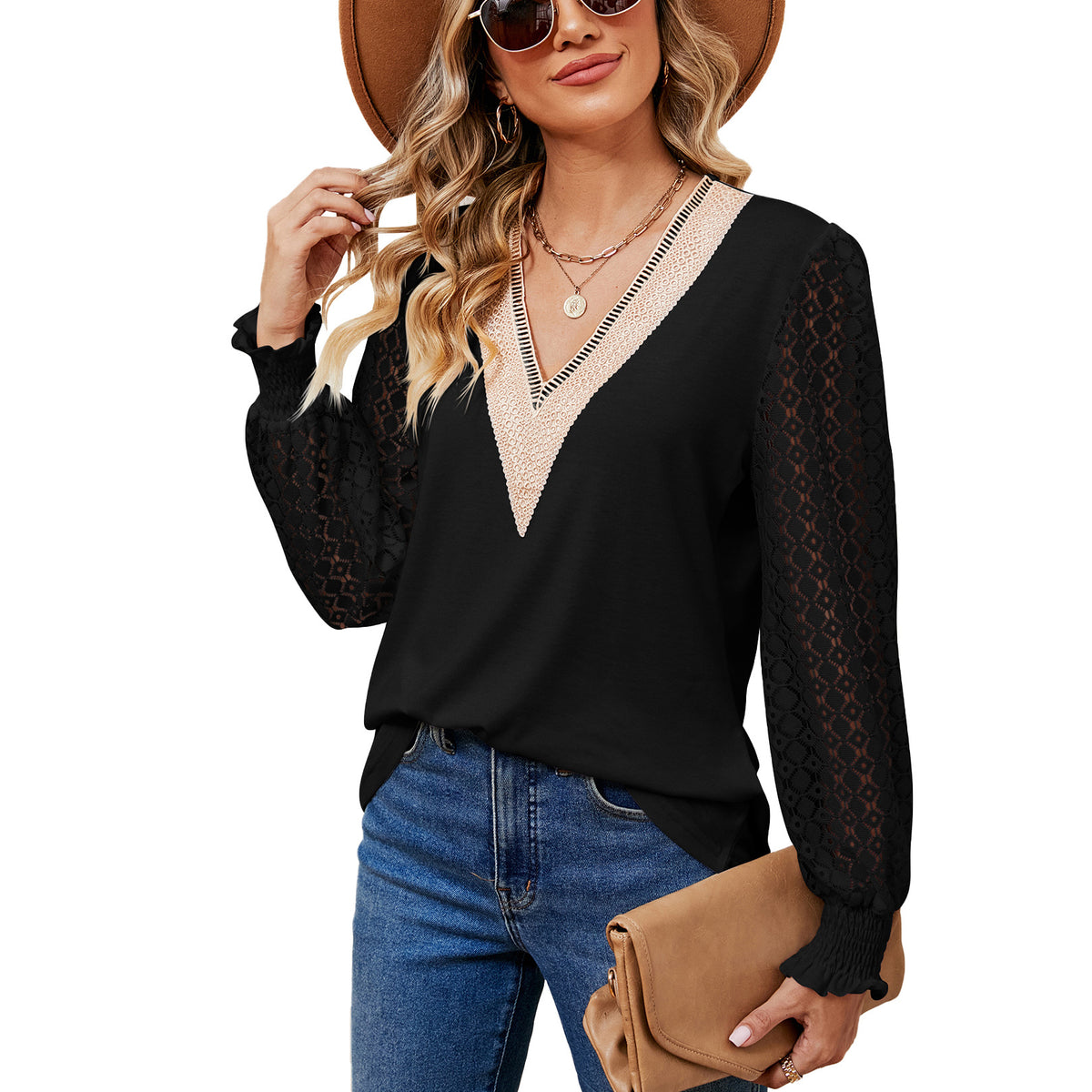 Attractive Women's Lace Patchwork Loose Long-sleeved Women's T-shirt