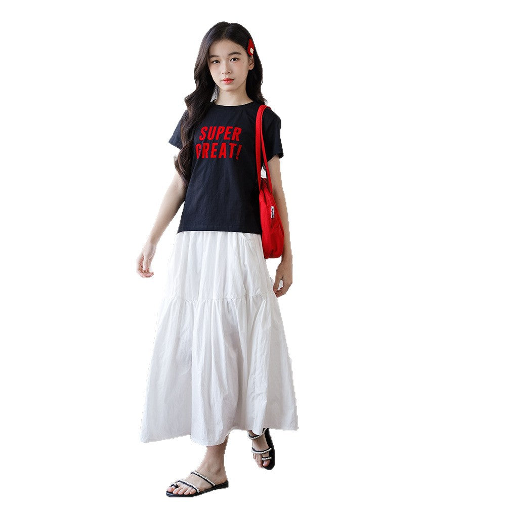 Children's Two-piece Set Small-sized Words Korean Style White Half-length Cake Dress Children's Suit