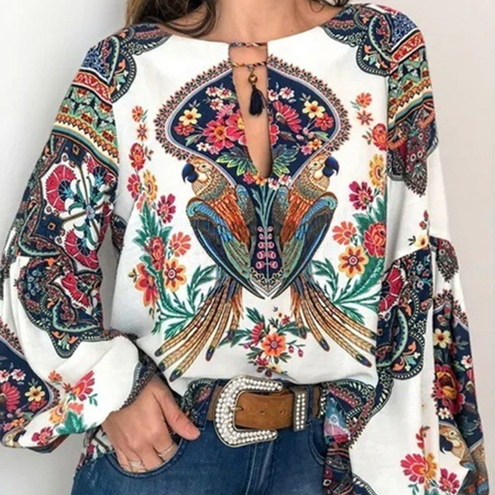 Women's Special Digital Printed Round Neck Lantern Blouse