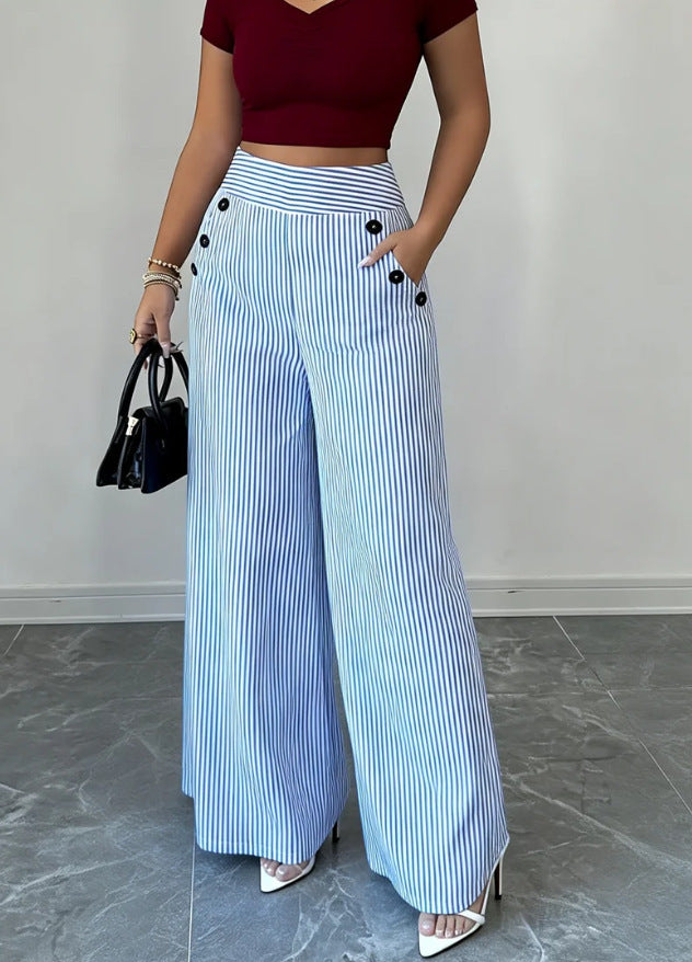Women's Waist Wide Leg With Vertical Stripes Thin Casual Pants
