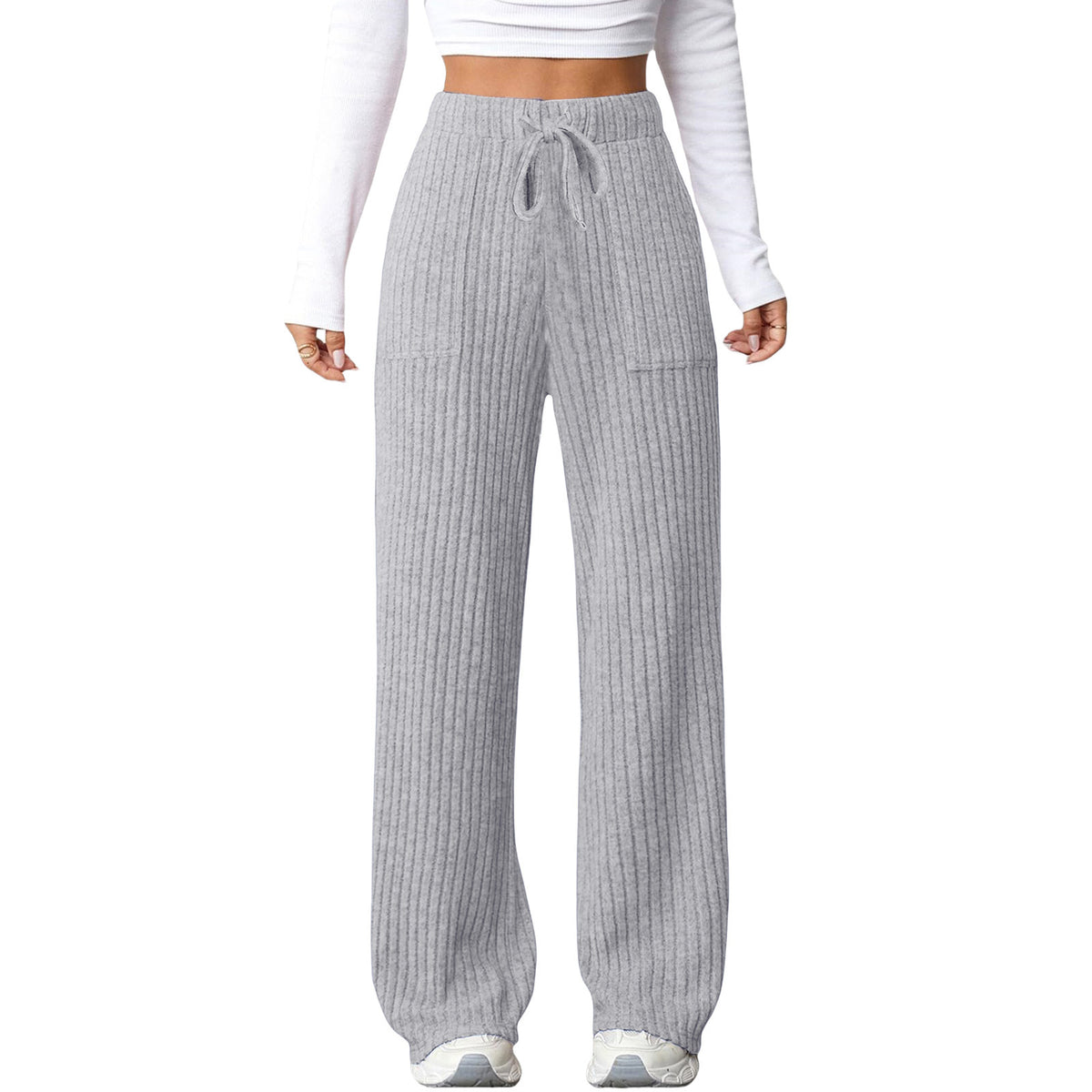 Women's Solid Color Rib Fabric Pocket Casual Pants