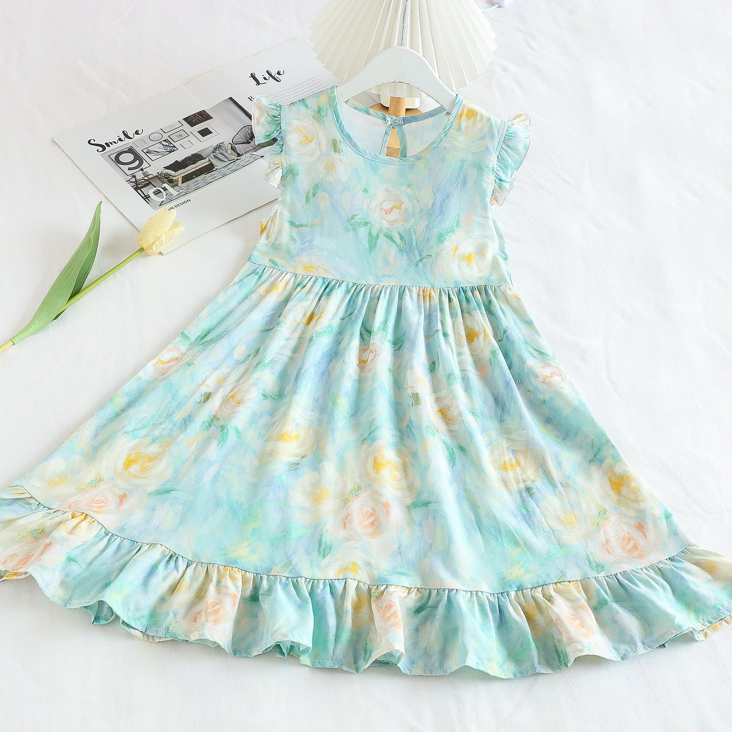 Fresh Flounced Sleeve Floral Cotton Summer Thin Cool Children's Dress