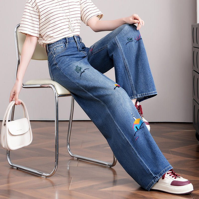 Spring Style Vintage Floral Embroidered Street Loose Wide Leg Casual Pants