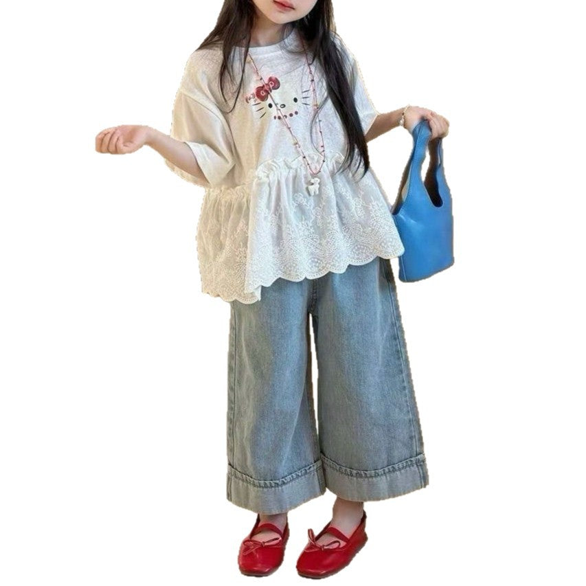 Children's Korean Set Summer Western Style Ruffled Short Sleeves Jeans Two-piece Children's Suit