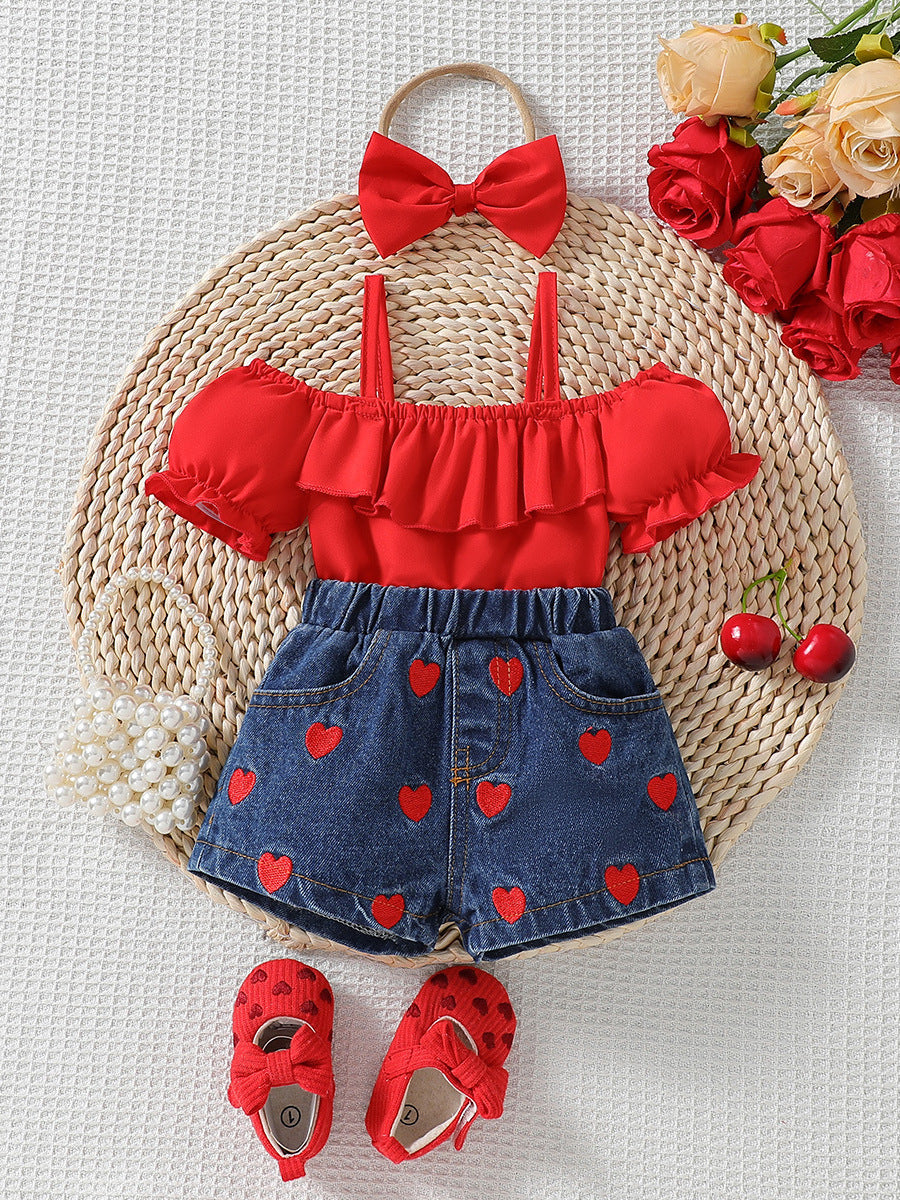 Casual Ruffle Top Love Wash Jeans Children's Suit