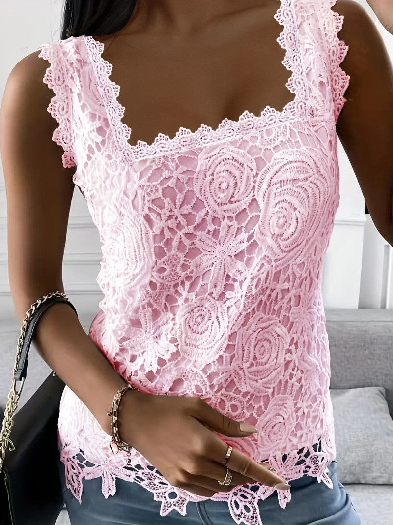 Trendy Summer Square Collar Sleeveless T-shirt Lace Shirt, Chiffon Shirt