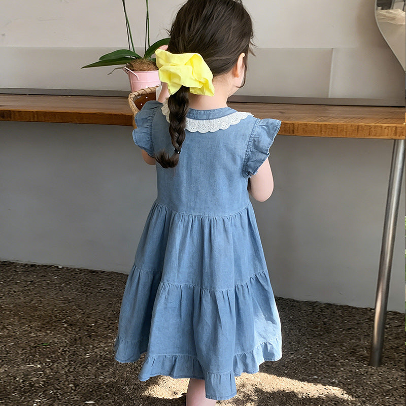 Children's Summer Fashionable Short Sleeve Korean Style Denim Skirt Cute Children's Dress