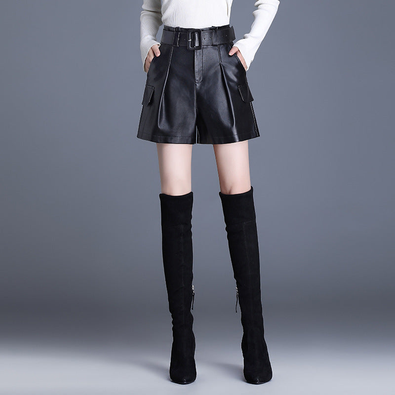 Women's Leather Korean High Waist A- Line Pants