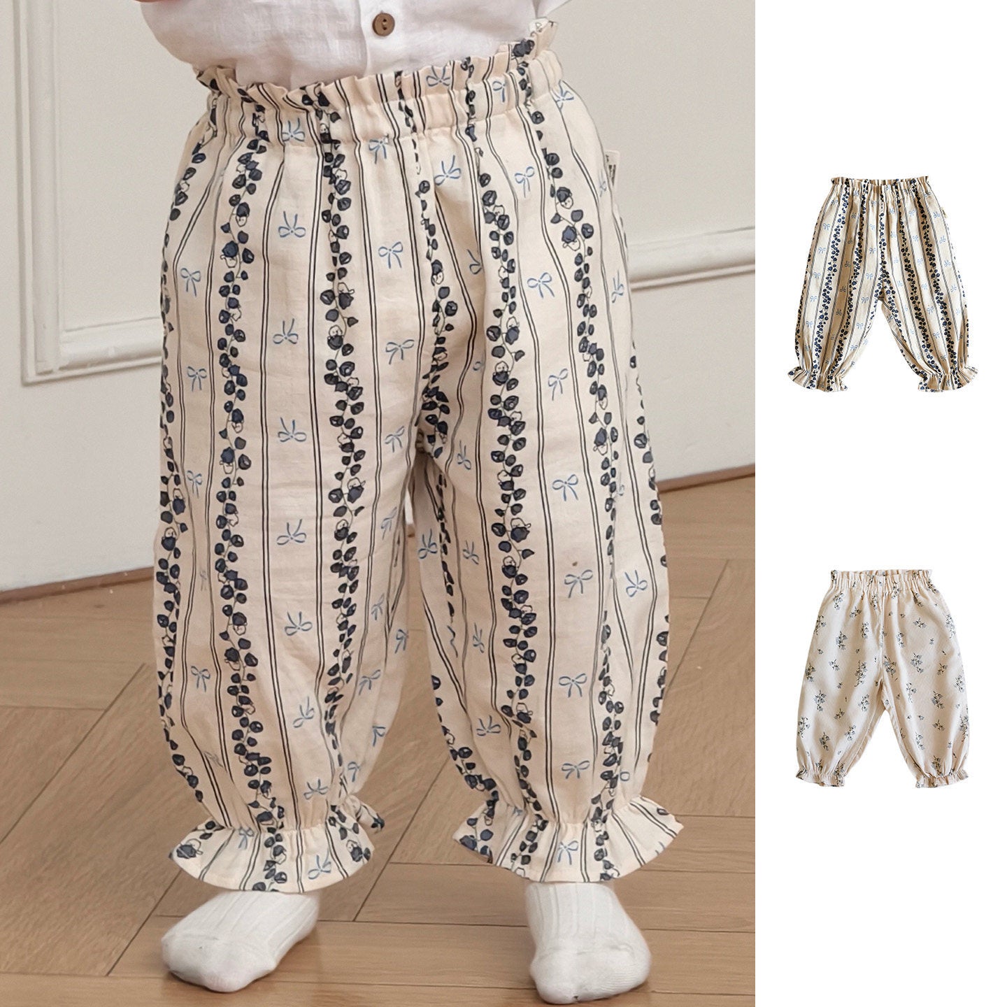 Striped Floral Bloomers Cotton Yarn Loose Trousers Home Can Be Children's Pants