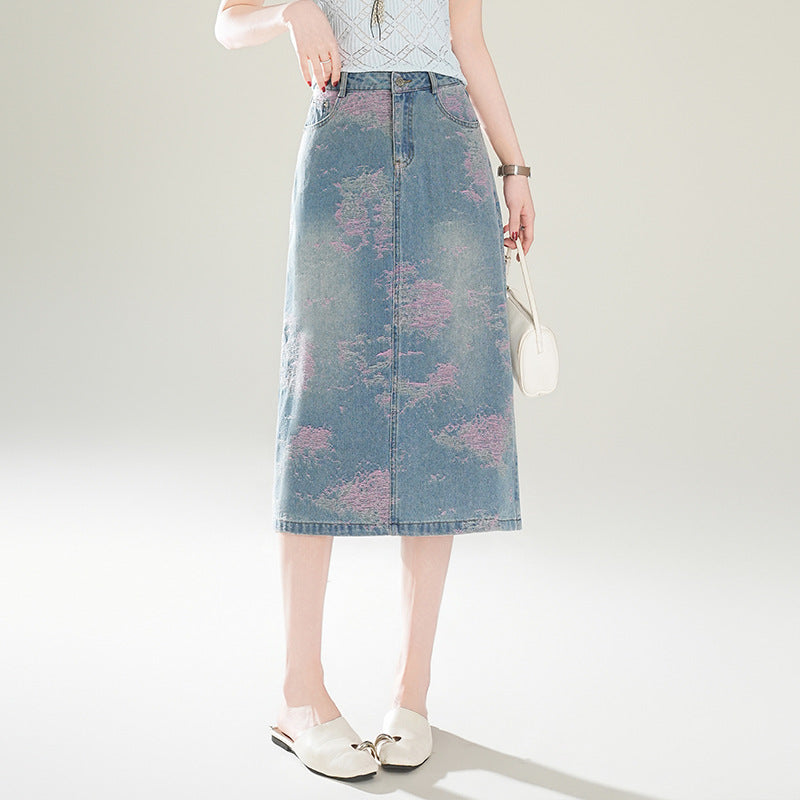 Women's Pink Purple Jacquard Embroidered Wide Leg Denim Design Skirts