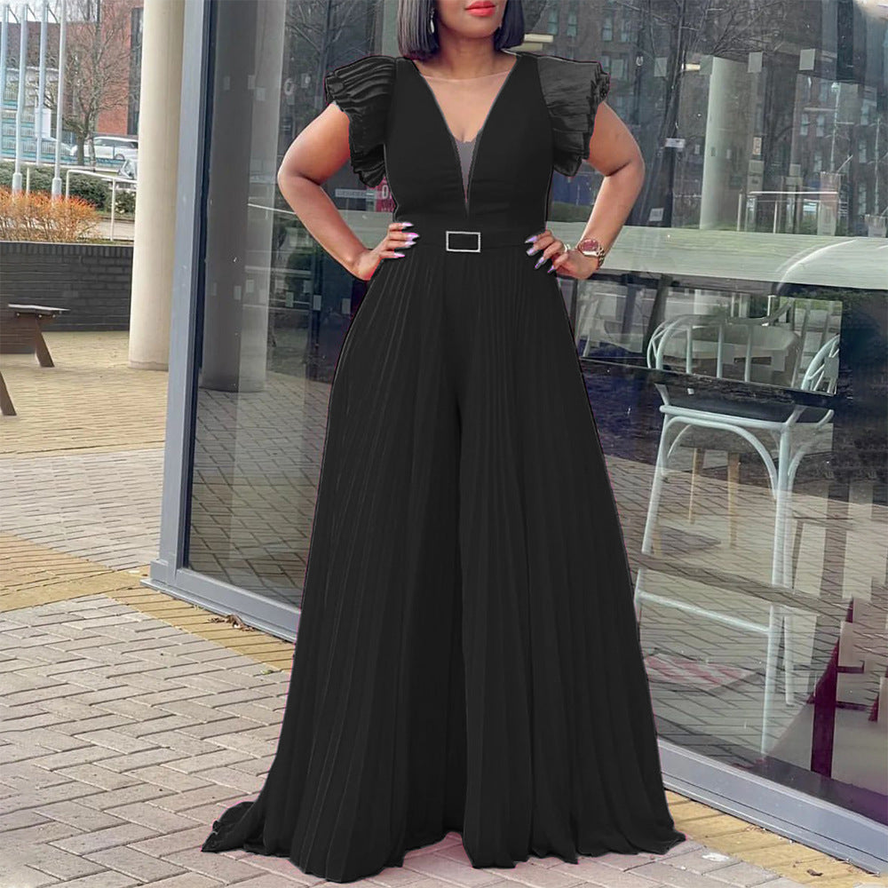 Women's Mesh Sexy Pleated Wide Leg Fitted Jumpsuits