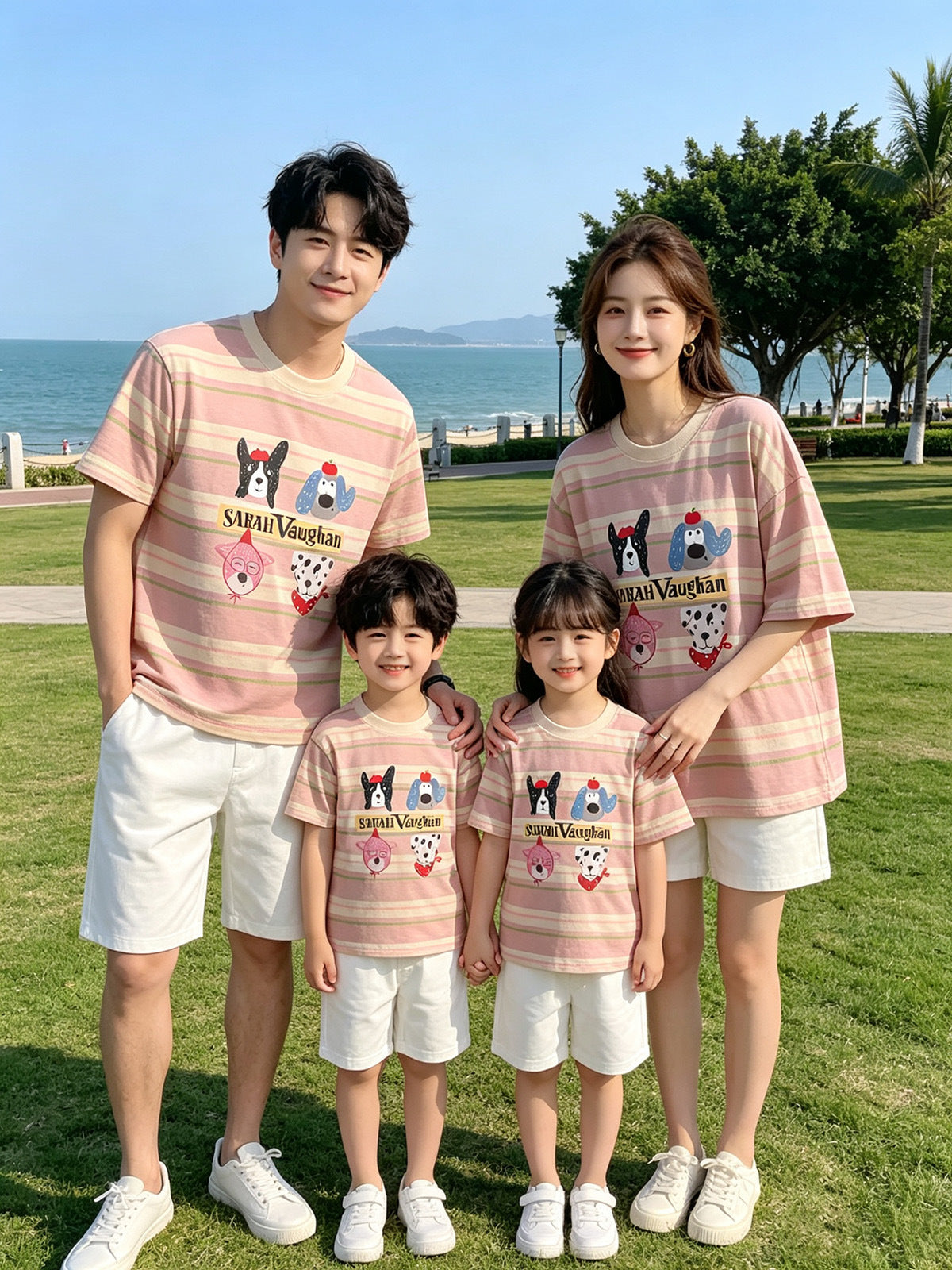 Cartoon Puppy Short Sleeve Family Four Seaside Vacation Loose Western Parent-child Outfit