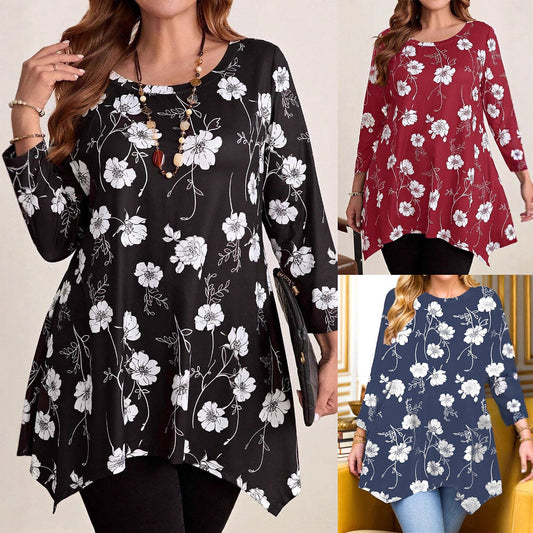 Women's Flower Print Round Neck Asymmetric Hem Long Sleeve Large Size T-shirt
