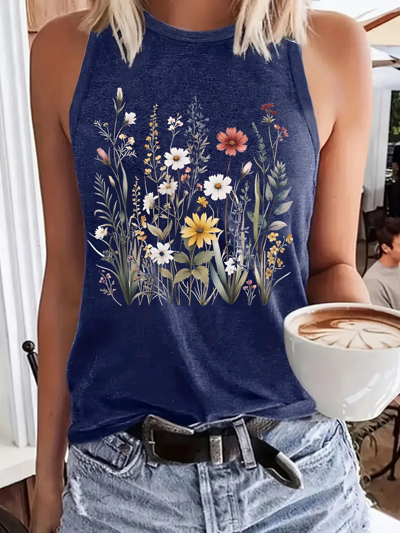 Women's Floral Print Sleeveless T-shirt Round Neck Pullover Small Vest/suspenders/tube Top