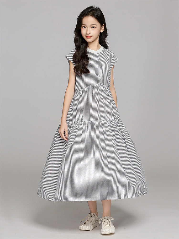 Small Teen Striped Summer Sleeveless Stand Collar Children's Dress