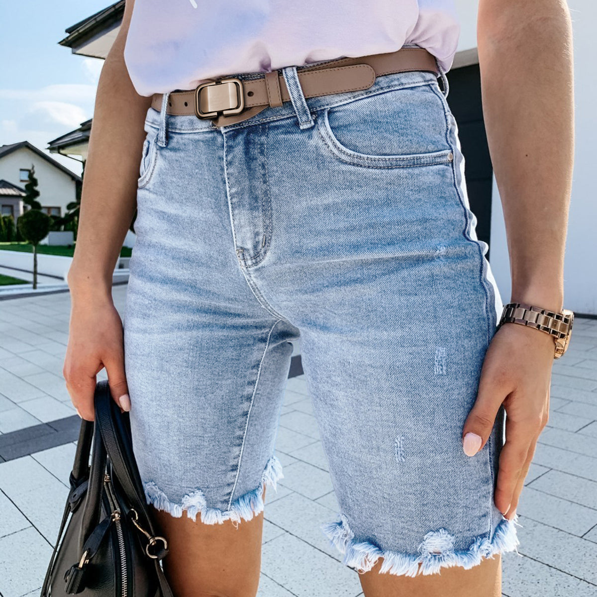 Women's Summer Denim With Hole Fifth Fashionable Frayed Hem Women's Jeans