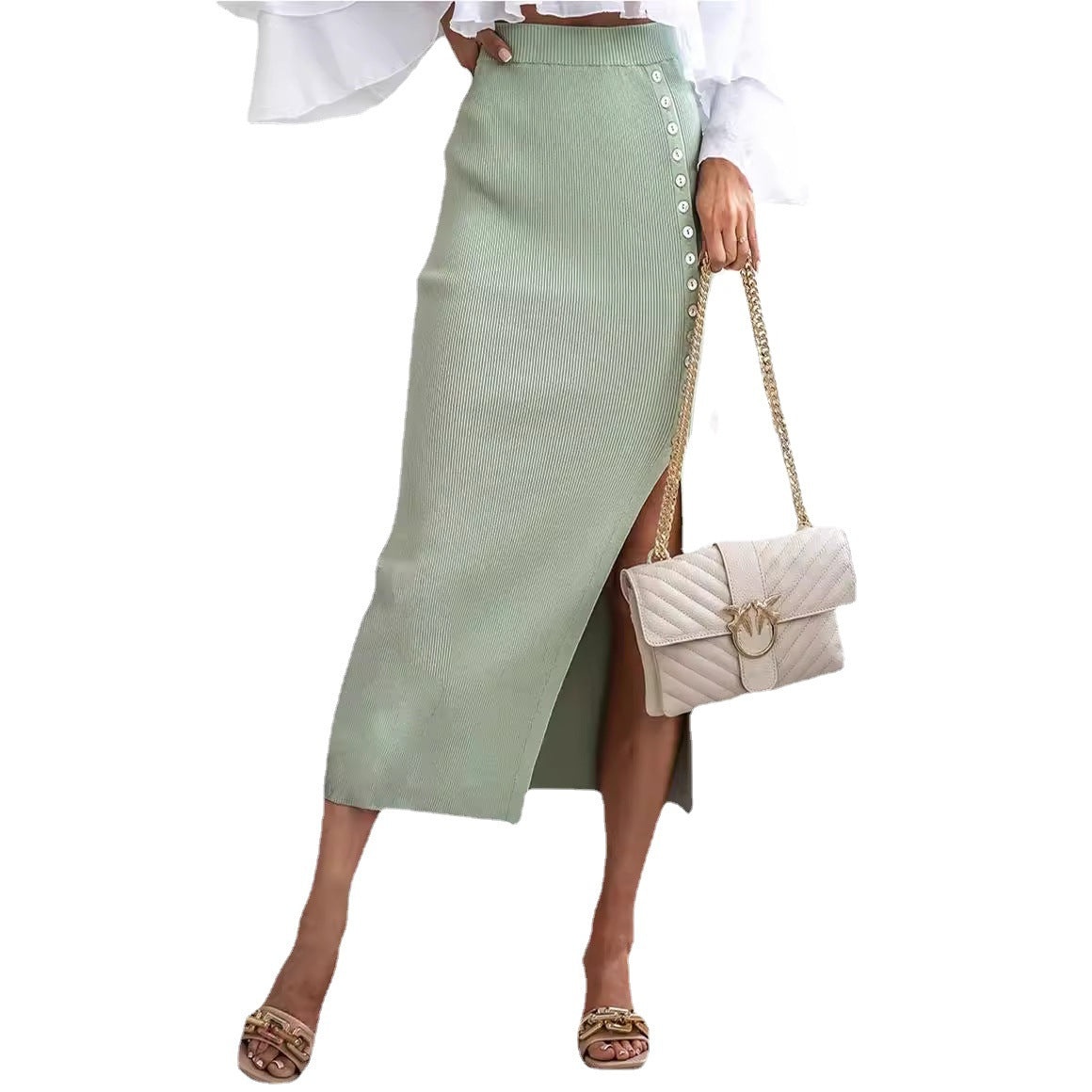 Women's Button Split Temperament Sunken Stripe Rib Skirts