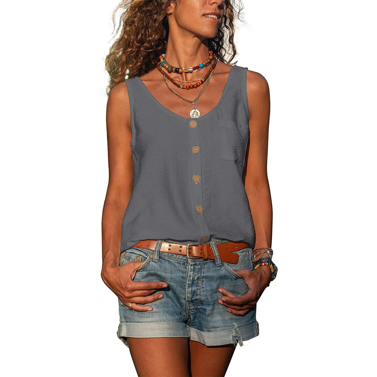 Women's Summer Solid Color Button Shirt Sleeveless Vests
