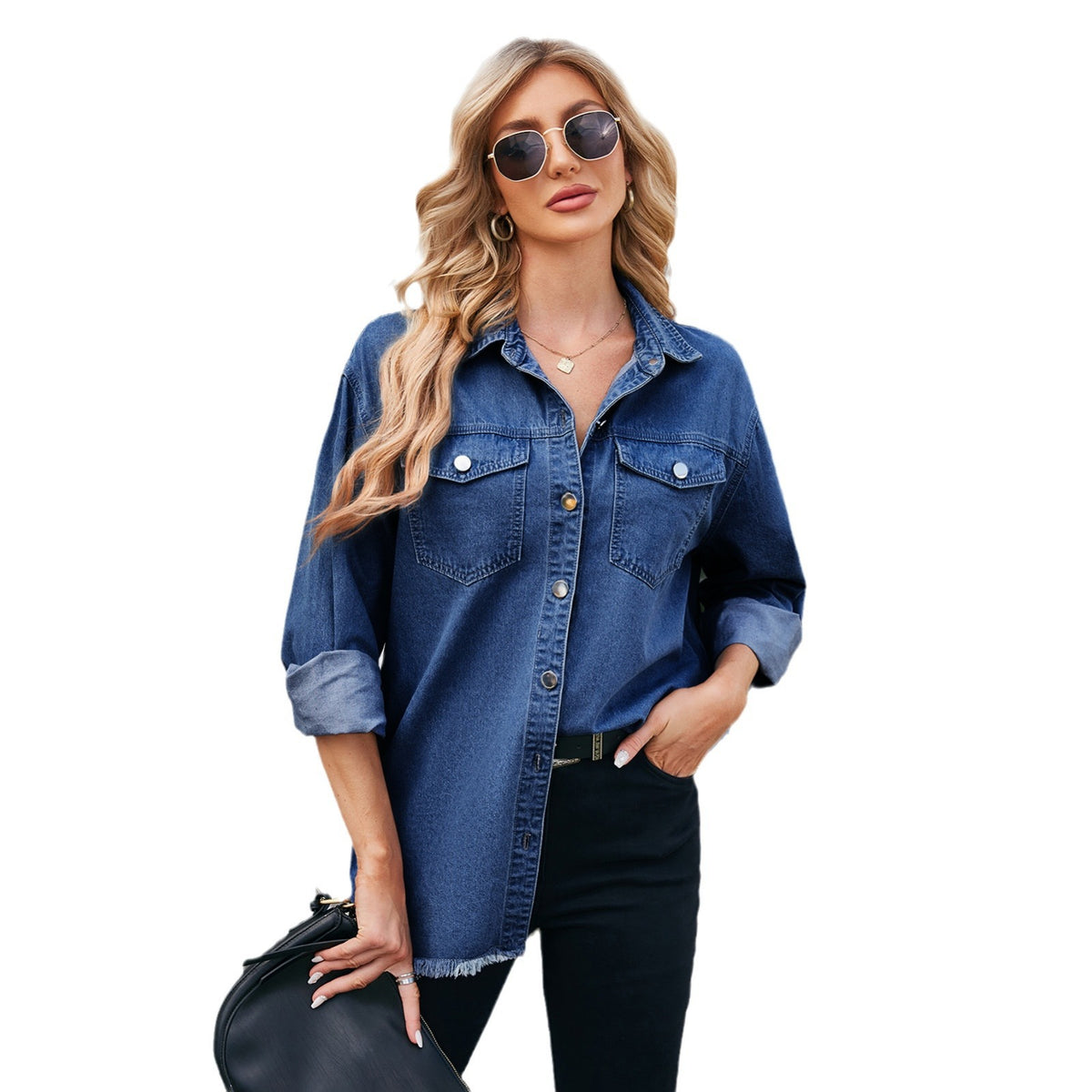 Women's Washed Frayed Hem Denim Long Sleeve Blouse