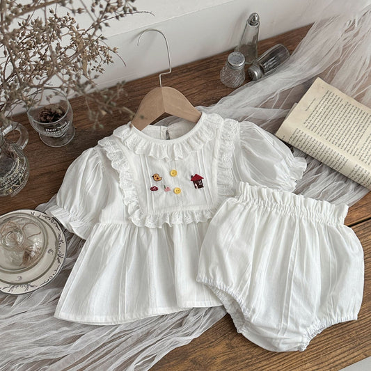 Summer Chicken House Embroidery Short Sleeve Two-piece Blouse Children's Suit