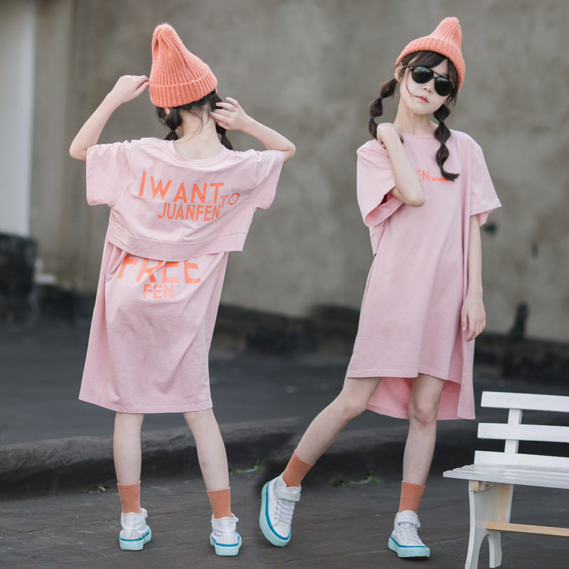 T-shirt Skirt Summer Korean Style Trendy Casual Loose Short Sleeves Children's Dress