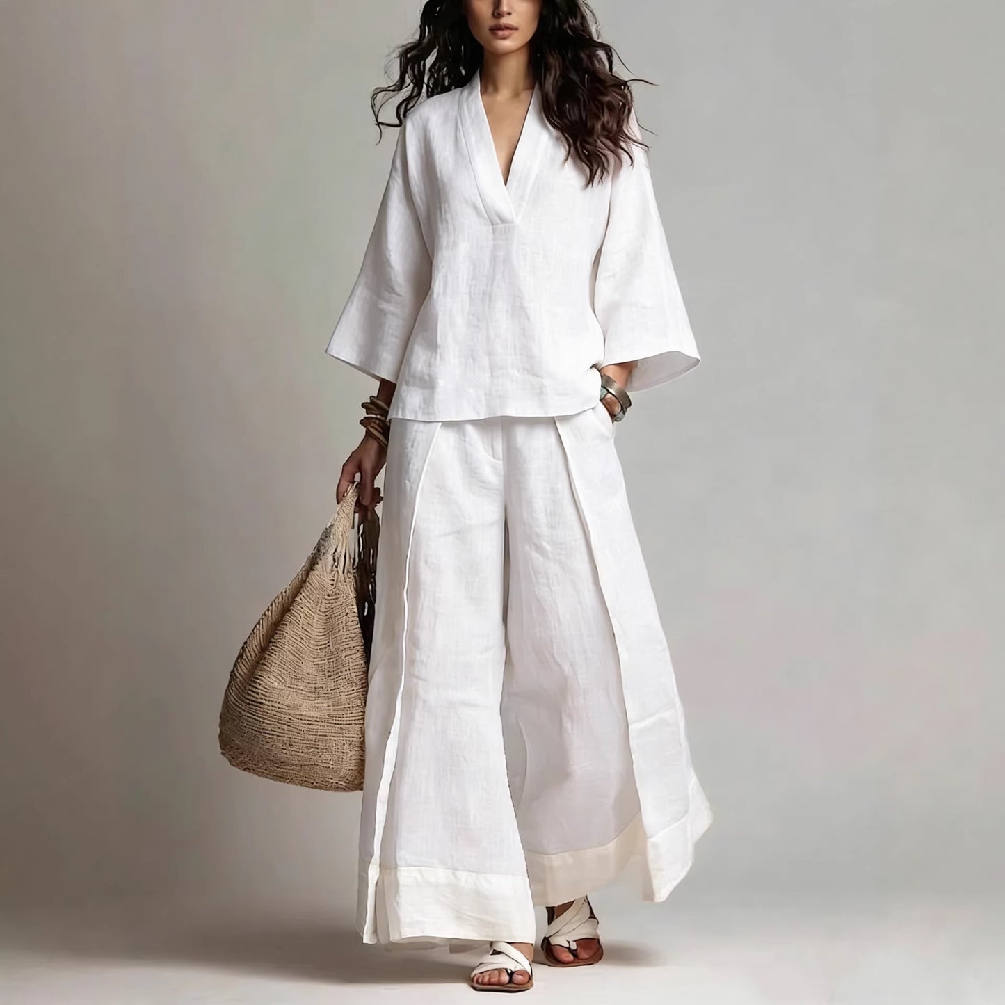 Women's Cotton Linen French Style Three-quarter Sleeve Shirt Contrast Color Suits
