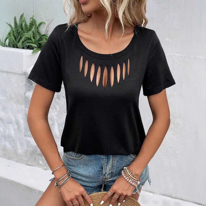 Women's Solid Color Casual Fashion Chest Hollow Women's T-shirt