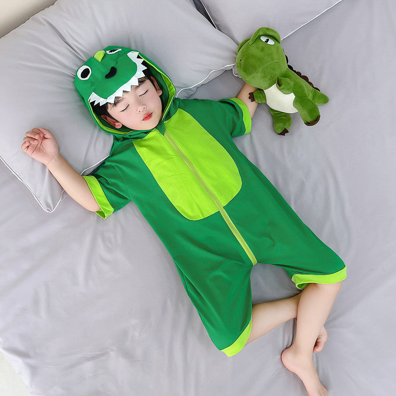 Children's Pajamas Summer Boy's Cotton Short-sleeved Boy Cartoon Dinosaur Romper Hooded Jumpsuit, Climbing Suit