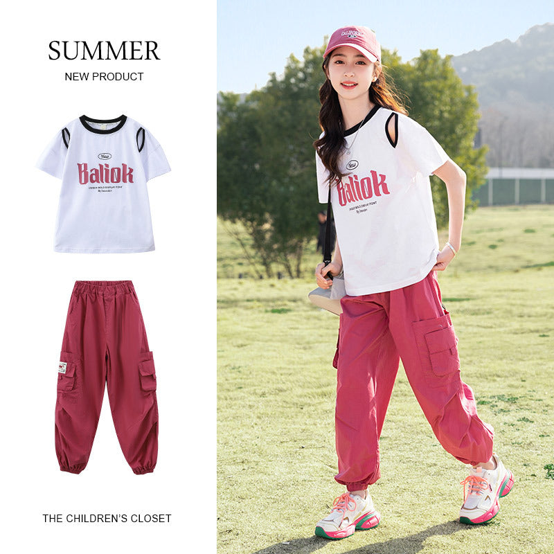 Children's Medium Large Casual Knitted Short Sleeve Trousers Children's Suit