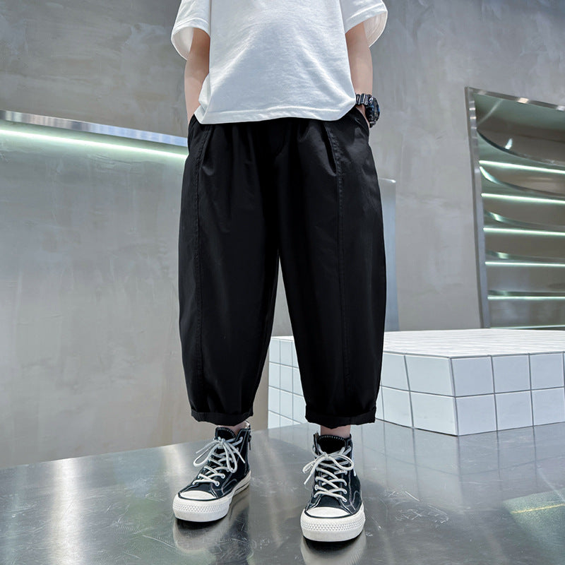 Pure Cotton Ankle Length Cargo Wear Spring Handsome Thin Children's Pants